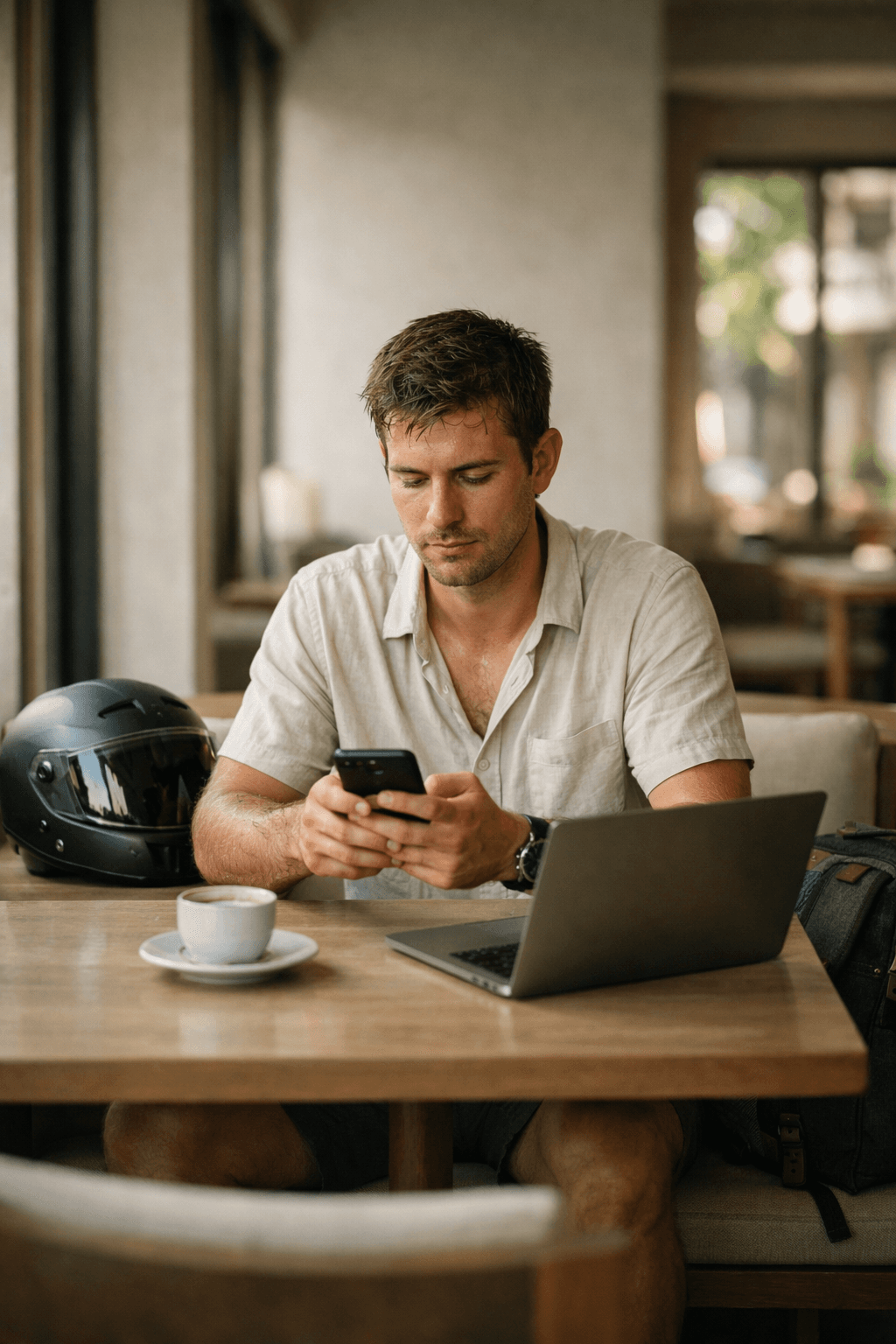 Man using a smartphone at a cafe table with a laptop, coffee, and motorcycle helmet.