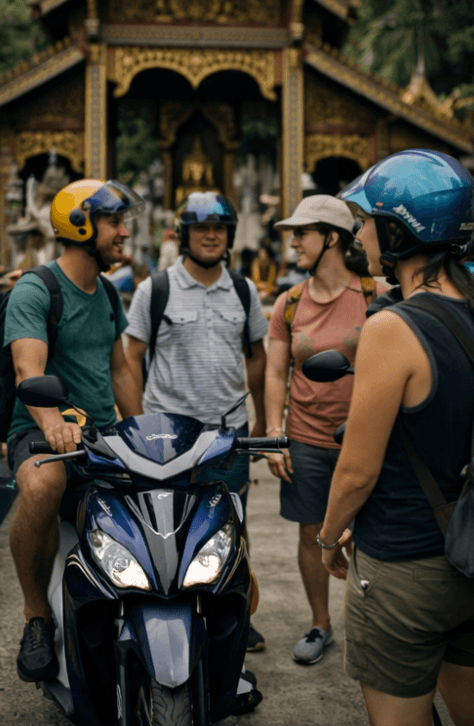 Four tourists wearing helmets chat around a blue scooter in front of a traditional temple.