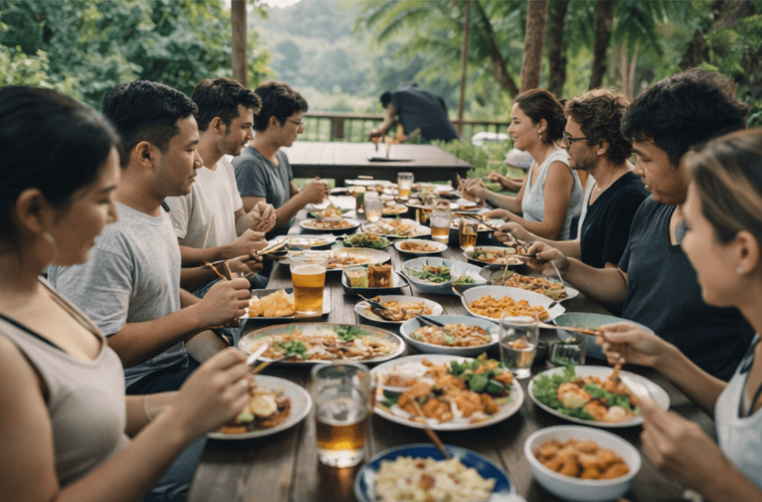 Diverse friends sharing a large meal at a long outdoor table surrounded by lush greenery.