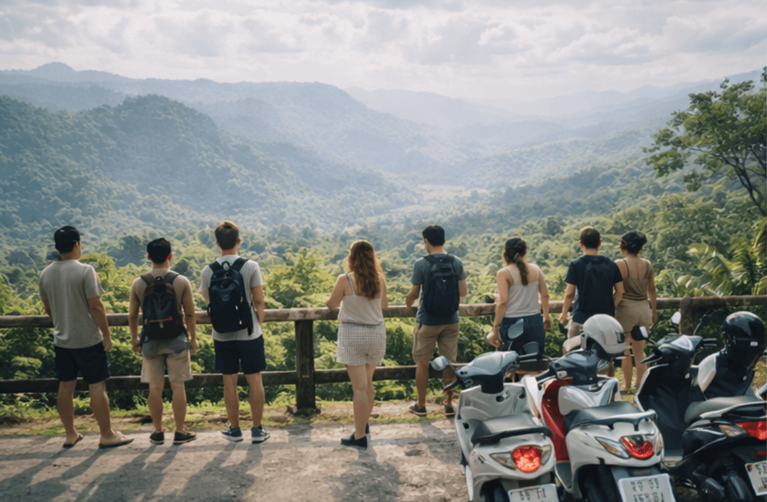 Eight travelers overlook a lush green mountain valley from a viewpoint with parked scooters.
